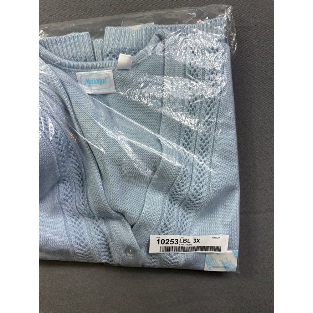 National Women Light Blue Pointelle Knit Button Front Cardigan Vest 3X 10253LBL